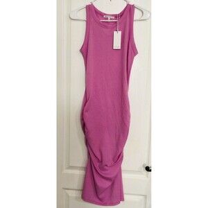 Antistar Women's Midi Dress Sleeveless Ruched Side‎ Ribbed Crew Neck Pink Medium